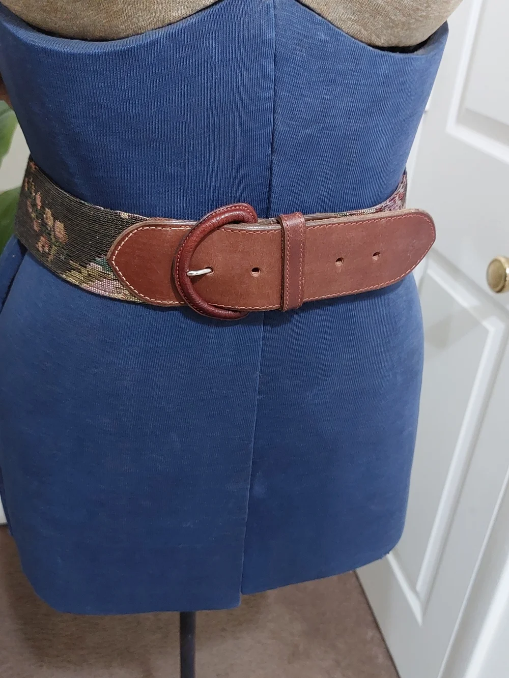 Ralph Lauren Brown Leather Buckle Belt with Multicolor Woven Tapestry Panel